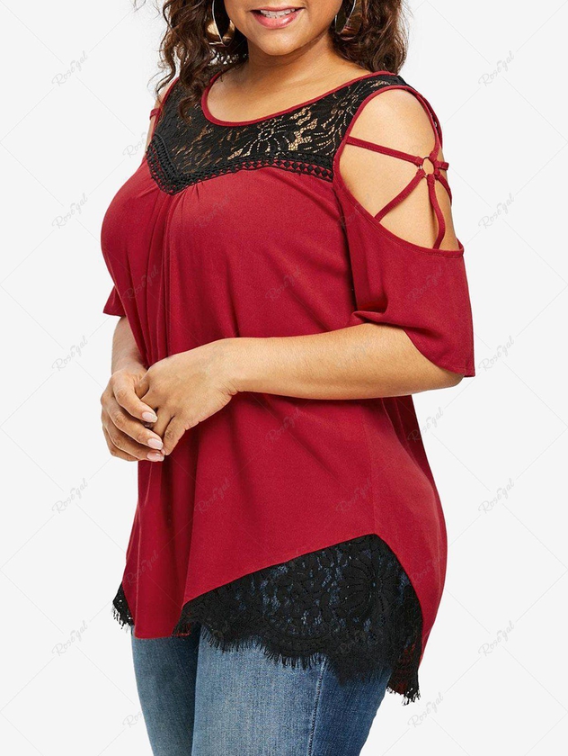 Plus Size Floral Lace Panel Stripes Ring Cold Shoulder T-shirt - M | Us 10