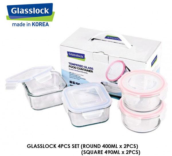 Glasslock Food Containers 4pcs/set 2pcs Square 490ml + 2pcs Round 400ml