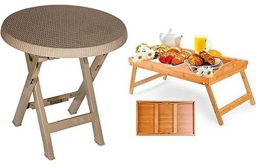 طاولة رحلات بلاستيكية قابلة للطي + ترابيزة سرير/طاولة سريرخشبية من حياة، أصفر