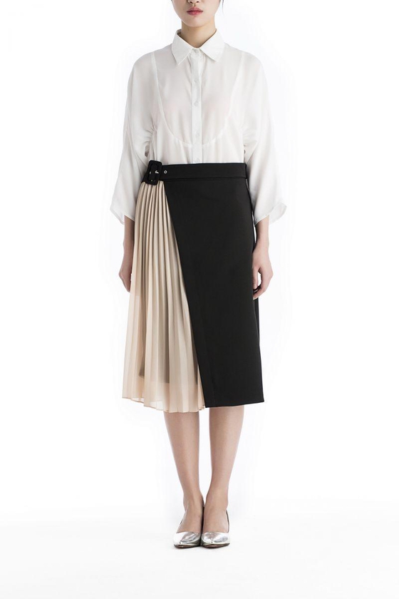 BYSI Black Polyester Pleated Skirt For Women