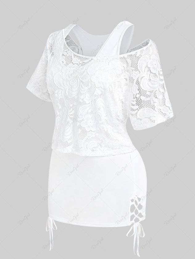 Plus Size Sheer Lace Blouse and Racerback Lace Up Tank Top Set - L | Us 12
