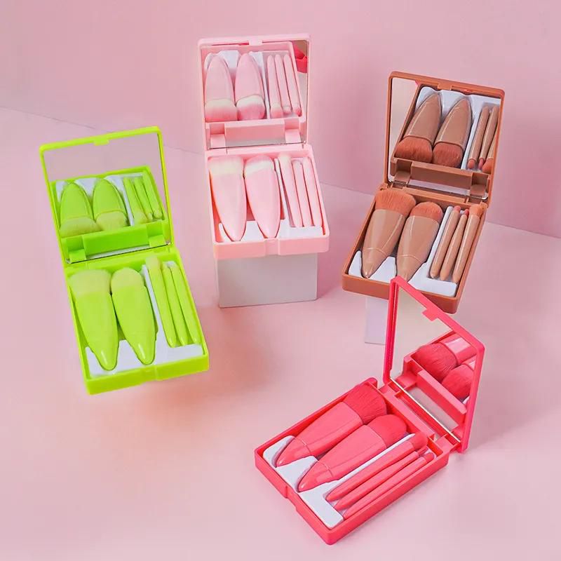 Portable 5 Pieces Makeup Brushes + Mirror Box Storage - Full Set of Mini Foundation Brush Eye Shadow Brush Soft Fiber