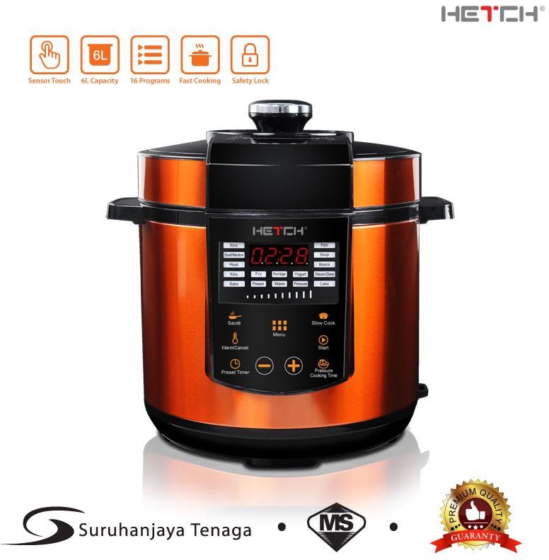 HETCH Smart Pressure Cooker 1000W 6L Capacity Touch Sensor Control (Orange/Black)