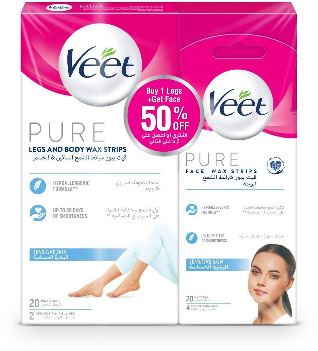Veet Pure, Hair Removal Wax Strips, Sensitive Skin, Body & Leg & Face - 1 Kit