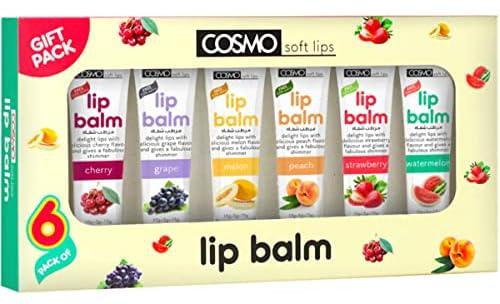 Cosmo 100% Natural Soft Lip Balm Gift Set Pack of 6, Cherry, Grape, Melon, Peach, Strawberry, Watermelon, Super fruit, Giftset, Traveler Size, Original, Lips