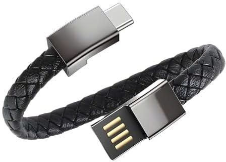 Leather Bracelet Charger USB Charging Cable Braided Cords USB Portable Travel Charger for Android Type (C) (BLACK)
