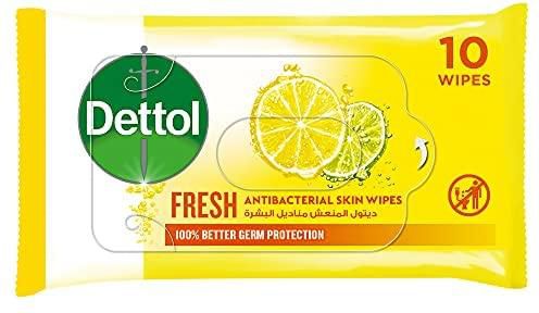 Dettol Fresh Antibacterial Skin Wipes for Use on Hands, Face, Neck etc, Protects Against 100 Illness Causing Germs, Pack of 10 Water Wipes