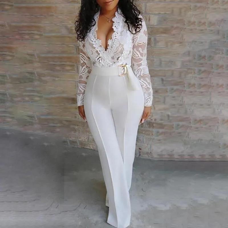 2021 High quality Women Jumpsuits Lace Stitching Long Sleeve V-neck Wide Leg Long Pant Office Lady Jumpsuits Plus Size