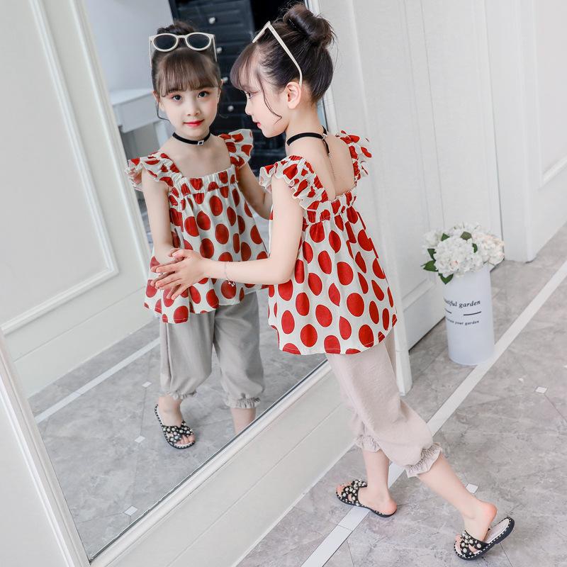 Girls Sleeveless Top with Polka Dots Pants - 6 Sizes (Red - Yellow)