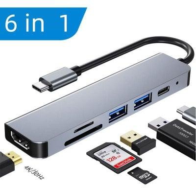 6 In 1 USB C Adapter, 100W PD Charging SD/TF Card Reader USB 3.0 Ports for MacBook Pro/Air USB C Hub 4K HDMI-compatible