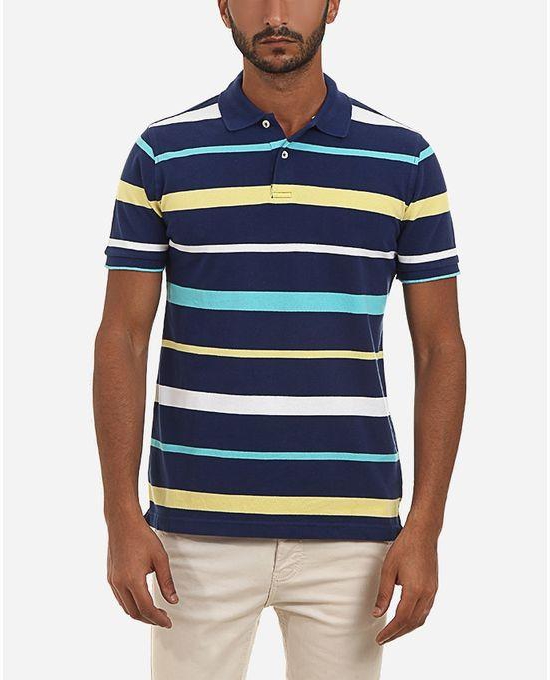 Concrete Striped Polo Shirt - Navy Blue, Yellow, Turquoise & White