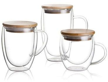 أكواب قهوة زجاجية مزدوجة الطبقات مكون من 3 قطع بمقبض وغطاء من الخيزران شفاف 250/350/450مل