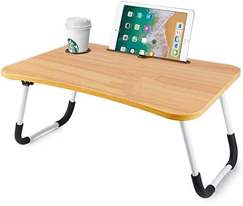 ēxora Adjustable Laptop Bed Table Lap Standing Desk for Bed and Sofa Notebook Table Dorm Desk Folding Breakfast Serving Coffee Tray Notebook Stand Reading Holder for Couch Floor Kids (Wooden)