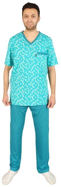 Jet Men Summer Pajama Set Printed Top & Plain Bottom - Turquoise