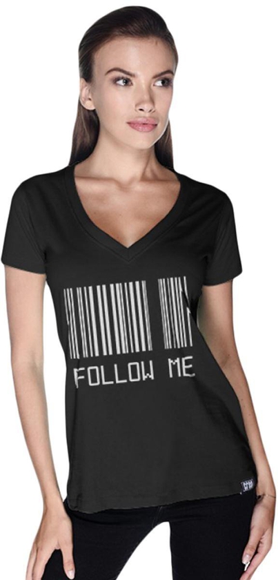 Creo Follow Me Barcode Printed T-Shirt for Women - L, Black
