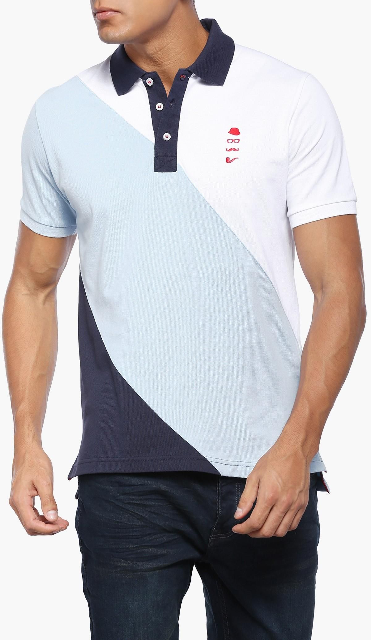 Blue and White Colour Block Polo T-Shirt