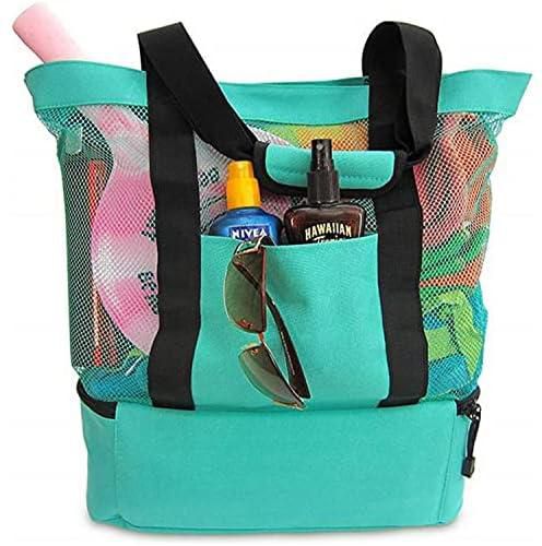 SKEIDO Outdoor Summer Large Beach Bag For Towels Mesh Durable Bag For Toys Waterproof Underwear Pocket Beach Tote Bag Travel Picnic- green