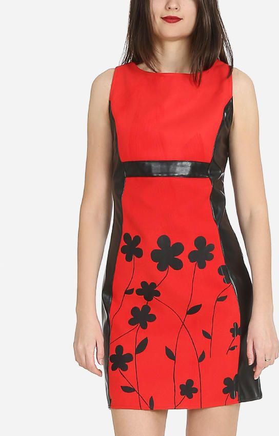 Giro Leather Panels Printed Shift Dress - Red