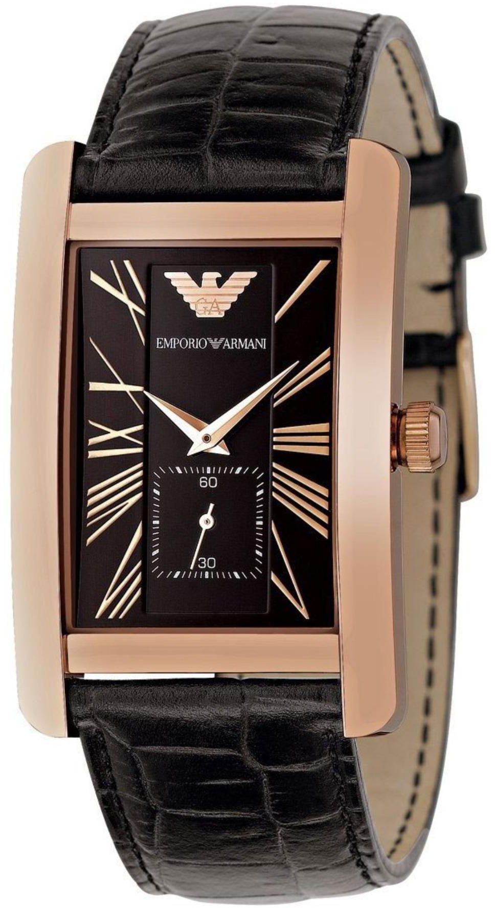 Emporio Armani Mens Square Leather Watch AR0168 (Black Dial/Rose Gold)