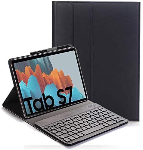 RLTech Keyboard Case for Samsung Galaxy Tab S7 - (QWERTY Layout), Ultra Slim Flip with Removable Wireless Keyboard Stand Case Cover for Samsung Galaxy Tab S7 11" T870/875 2020, Black