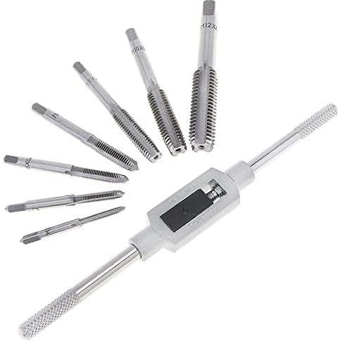 KEWAYO 8 Pieces Metric Thread Tap Set, Tap Machine Hand Screw Thread Taps Set with M3-M12 Taps and Adjustable Wrench 1/16"-1/2", for Woodworking and Machinery Repair