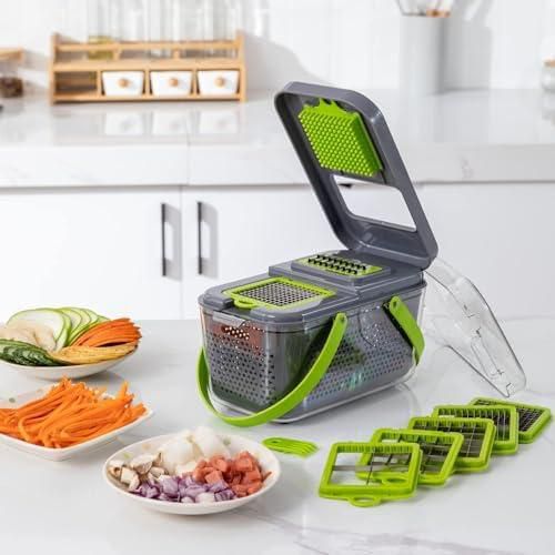 22 in 1 Multi-Purpose Vegetable Slicer, Professional Food Slicer with Bowl, Lid and 13 Stainless Steel Blades, Onion, Cheese and Fruit Slicer, Adjustable Mandoline Slicer