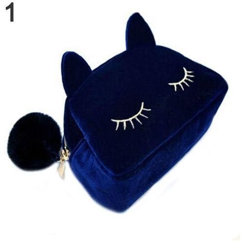 Bluelans Portable Cartoon Cat Coin Storage Case Travel Makeup Pouch Soft Cosmetic Bag-Blue