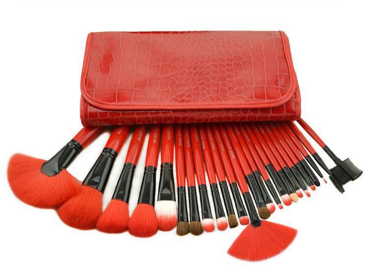 Professional 24 pcs Personal Makeup Brush Cosmetic Brushes Kit Set with Folding PU Leather Bag - Hot Red