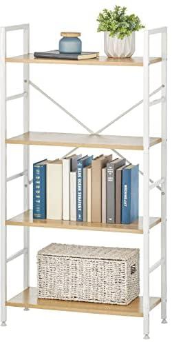 mDesign Industrial Metal and Wood 4 Tier Bookshelf, Tall Modern Etagere Bookcase Shelving Furniture Unit for Books, Plants, Pictures, Rustic Storage for Bedroom, Living Room, or Office, White/Oak