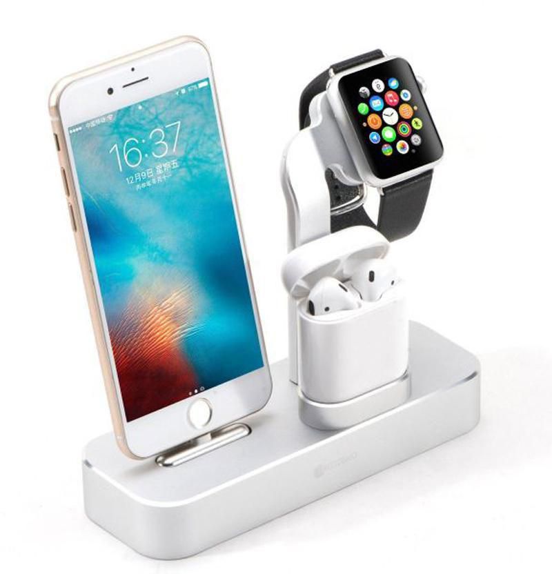 COTEetCI 3 in 1 Aluminum Desktop Charging Station ,Charger Dock Holder for Apple iPhone X , 8, 8 Plus, 7, 7 Plus, Apple Watch Series 1 ,2 ,3, AirPods - Silver