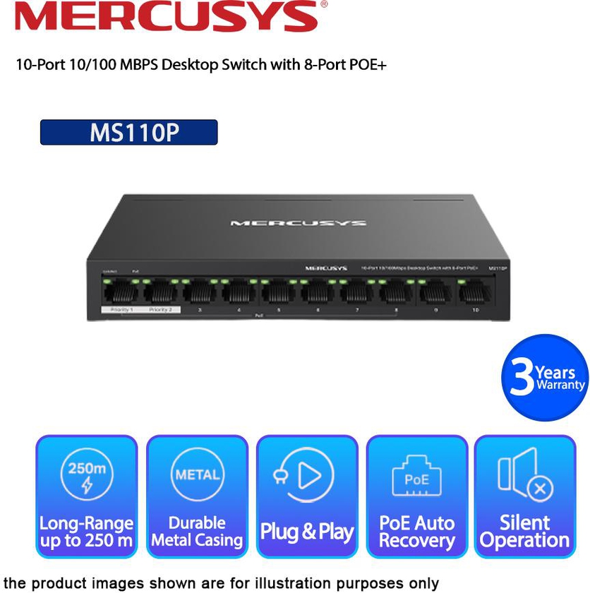 MERCUSYS MS110P 10 Port 10/100Mbps Desktop Switch with 8 Port PoE+