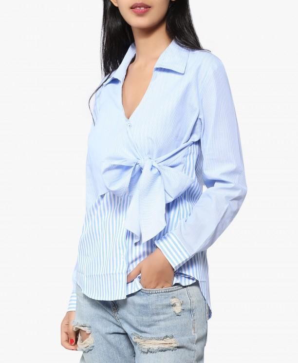 Blue and White Stripe Front Knot Detail Top