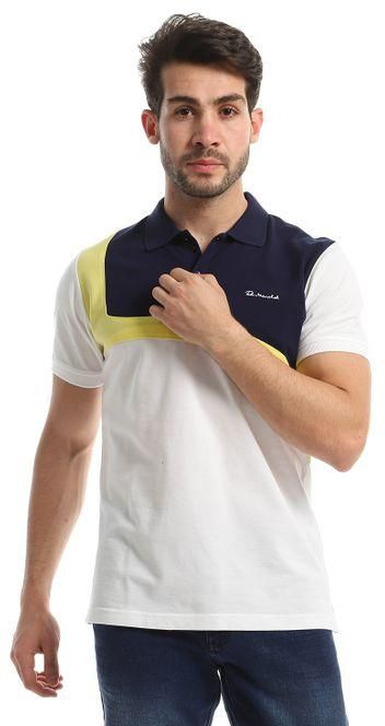 Ted Marchel Tri-Tone Pique Buttoned Polo Shirt - Navy Blue, Yellow & White