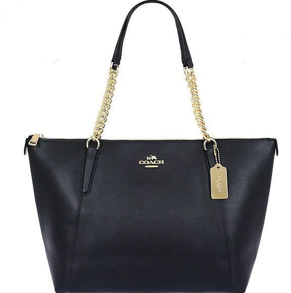 COACH F37201 Ava Chain Tote Leather Handbag For Womens - BLACK