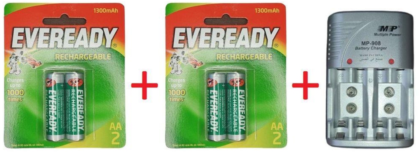 Eveready 4Pcs Of Ni-Mh Rechargeable AA Batteries-Eveready 1300mAh& Quad Charger