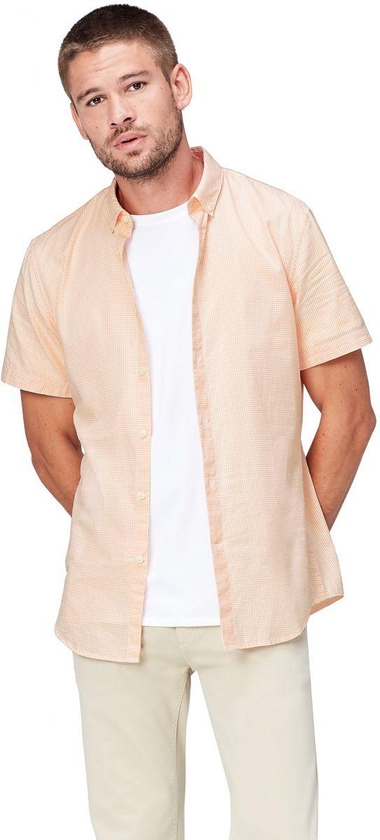 FIND Brodie S/S Slim Fit Gingham - Roll Back Contrast Under Cuff Shirt for Men - Orange