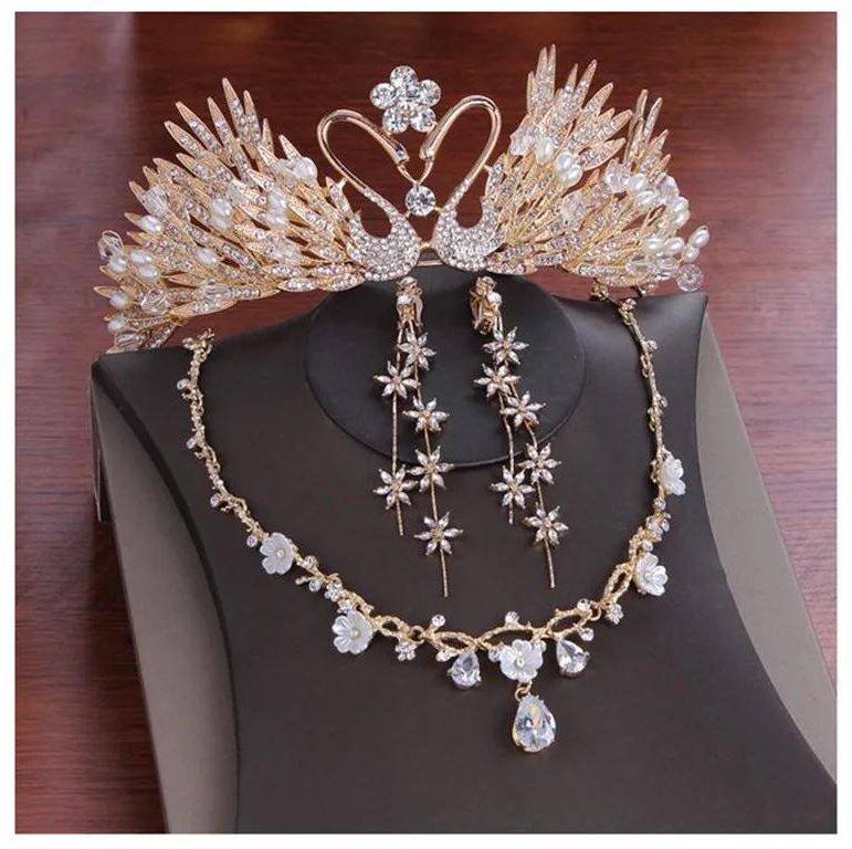 Luxury Swan Design Bridal Crown Necklace Earrings Jewelry Sets Evening Party Wedding Jewelry Sets