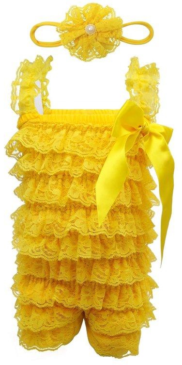 Tiny Bibiya Baby Lace Petti Romper Tutu Clothing Headband Set (Yellow)