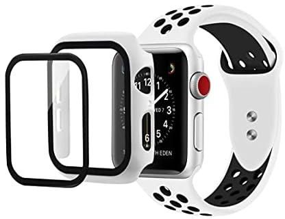 Silicone 2 in 1 Sport Band Strap Watch Band & Protective Case Cover with Tempered Glass Size 44MM For Apple Watch Series 4/5/6 44MM (White & Black)