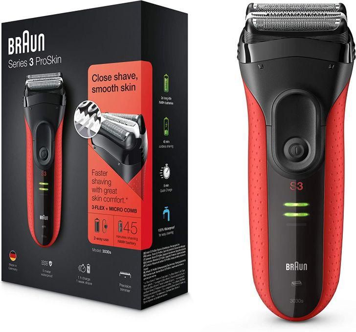 Braun Series 3 ProSkin 3030s Rechargeable Electric Foil Shaver With Long Hair Trimmer , Red