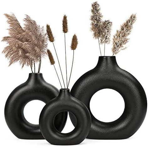 Vase for Pampas Grass, Vase Ceramic Black, Vase Set Black, Doughnut Vase Decorative Living Room Modern Ceramic Vase Decorative Height Vases Set (S+M+L)