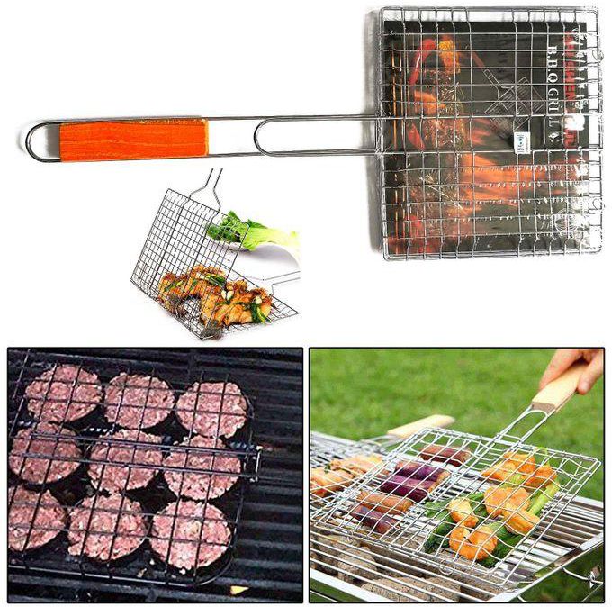 Generic Steel Barbecue BBQ Grill Net Basket Roast Grilling Tray Plated + Wooden Handle
