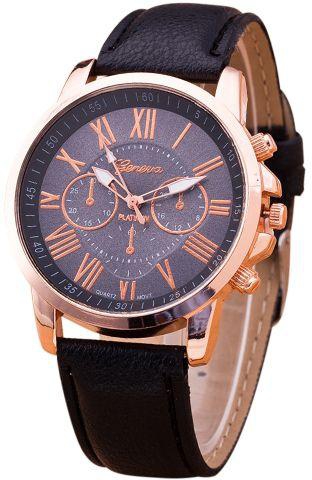 Rose Gold Plated  Black Leather Wrist Watch For Women [20027]