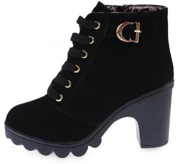 Stylish Pure Color Lace Up Zipper Decoration Ladies Thick High Heel Ankle Boots Black 40