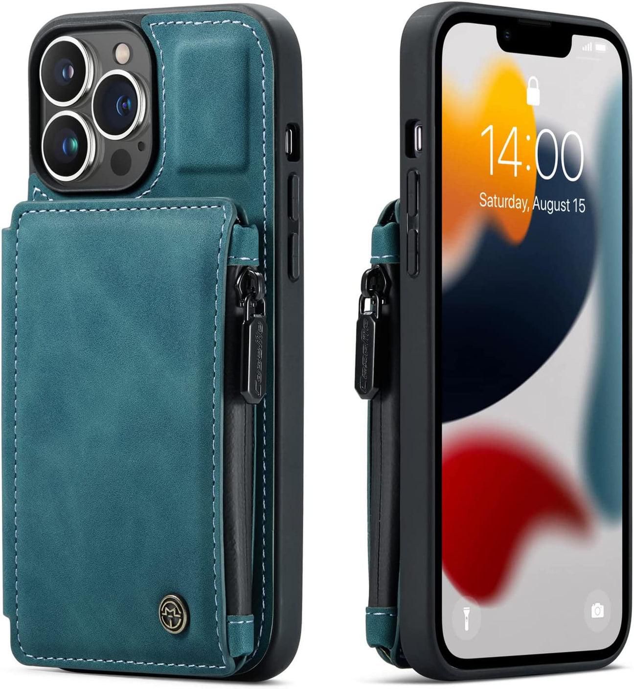 Caseme for iPhone 13 Pro Max 6.7 inch Double Magnetic Clasp Zipper Purse PU Leather Wallet Case with Credit Card Slot Holder Back Flip Cover - Blue