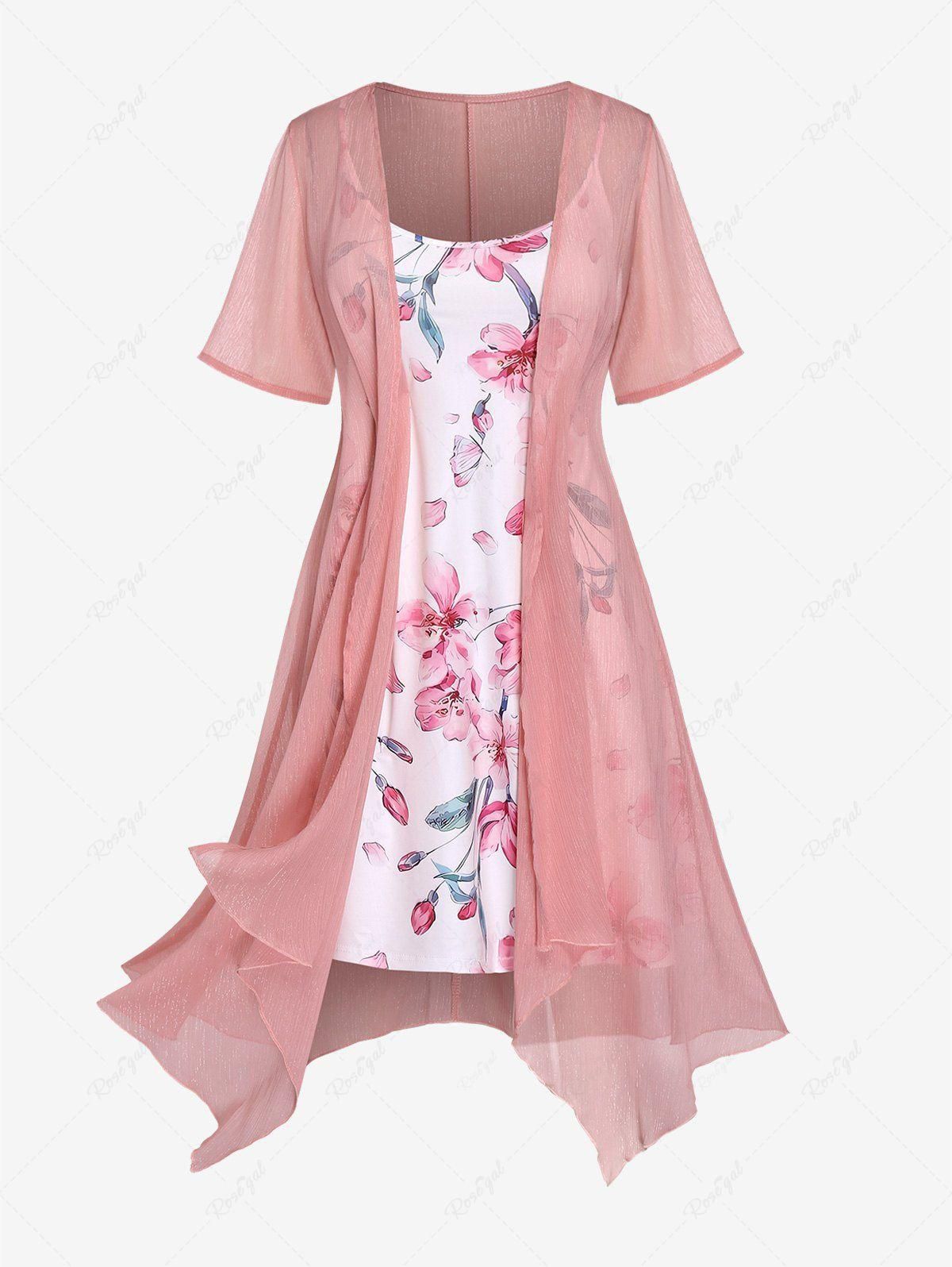 Plus Size Curve Solid Color Blouse and 3D Flower Print Spaghetti Strap Dress - 5x | Us 30-32