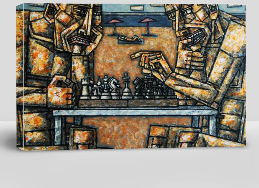 Two Abstract People Are Sitting on the Beach and Playing Chess