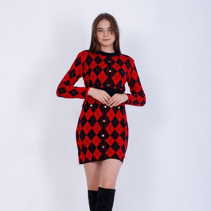 Miss Venus Checkered Knit Short Dress With Buttons