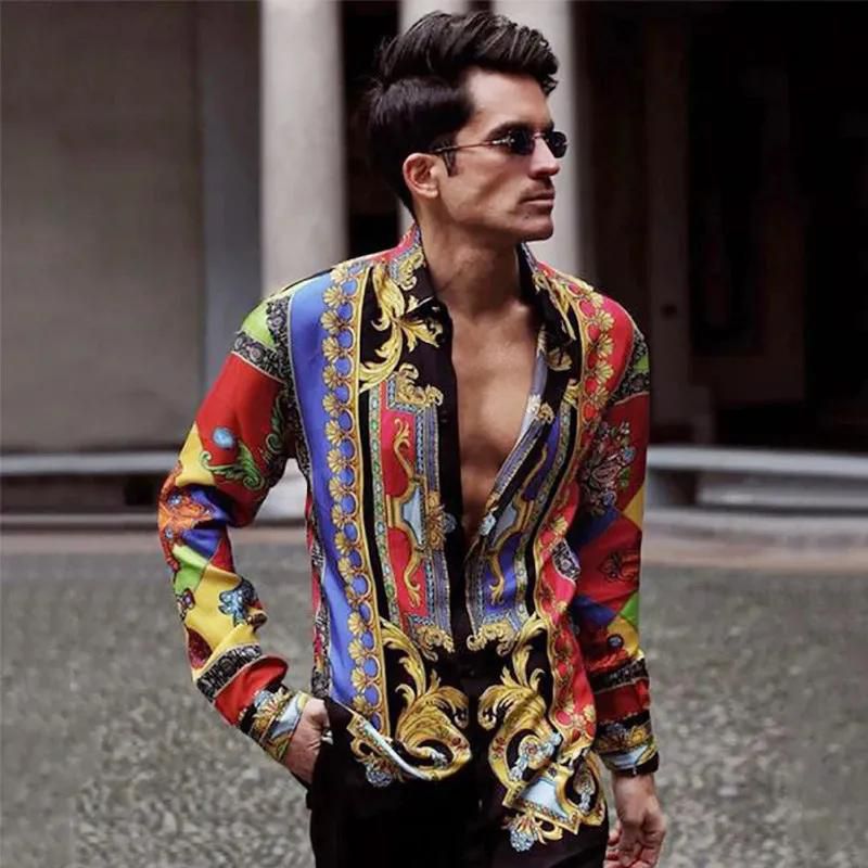 Youth fashion European and American Street Spring and autumn men's new casual and versatile holiday style printed long sleeve shirt men's shirt