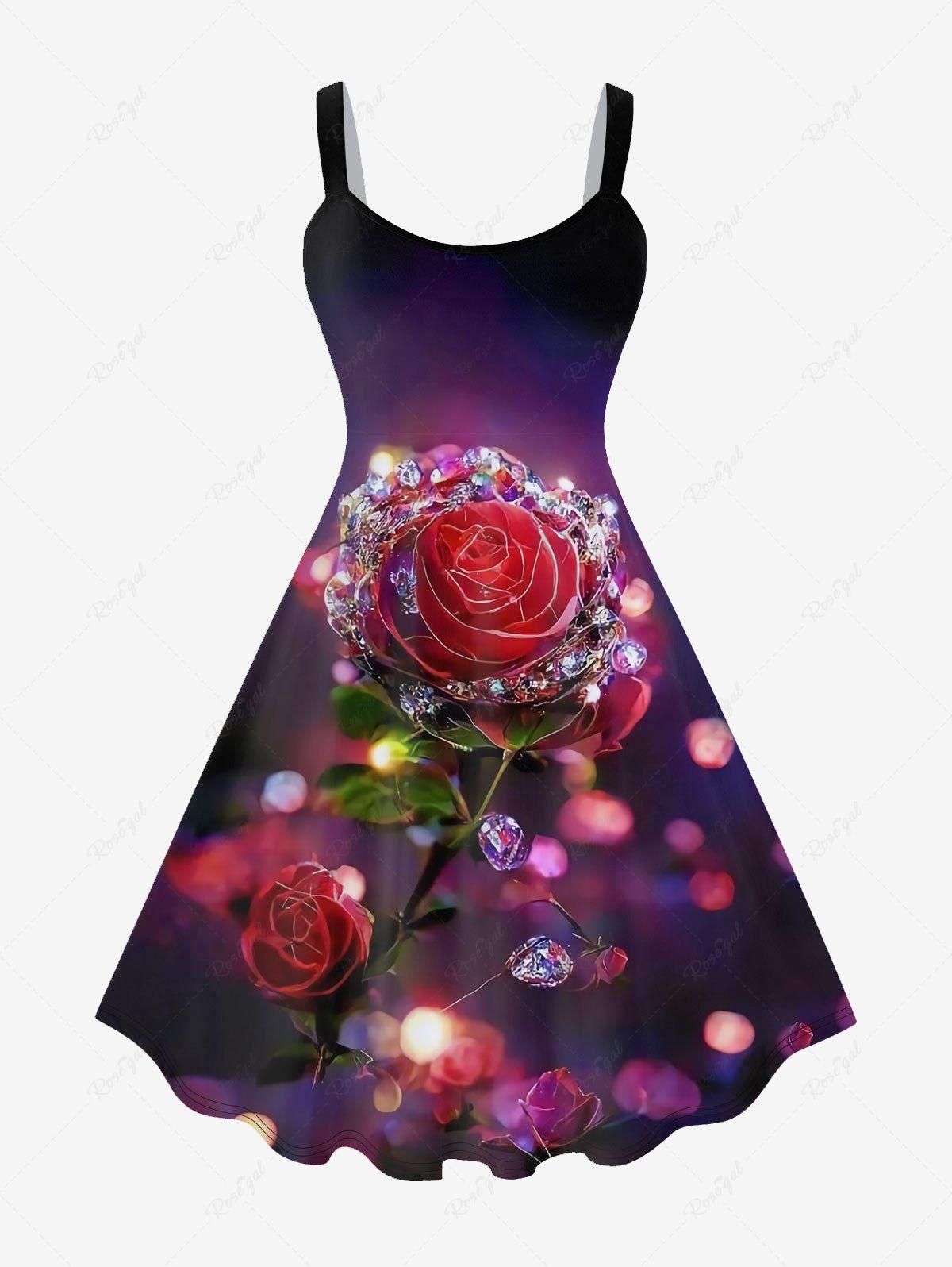 Plus Size Glitter Sparkling Rhinestone Rose Flower Leaf Print Valentines Ombre A Line Tank Dress - 6x